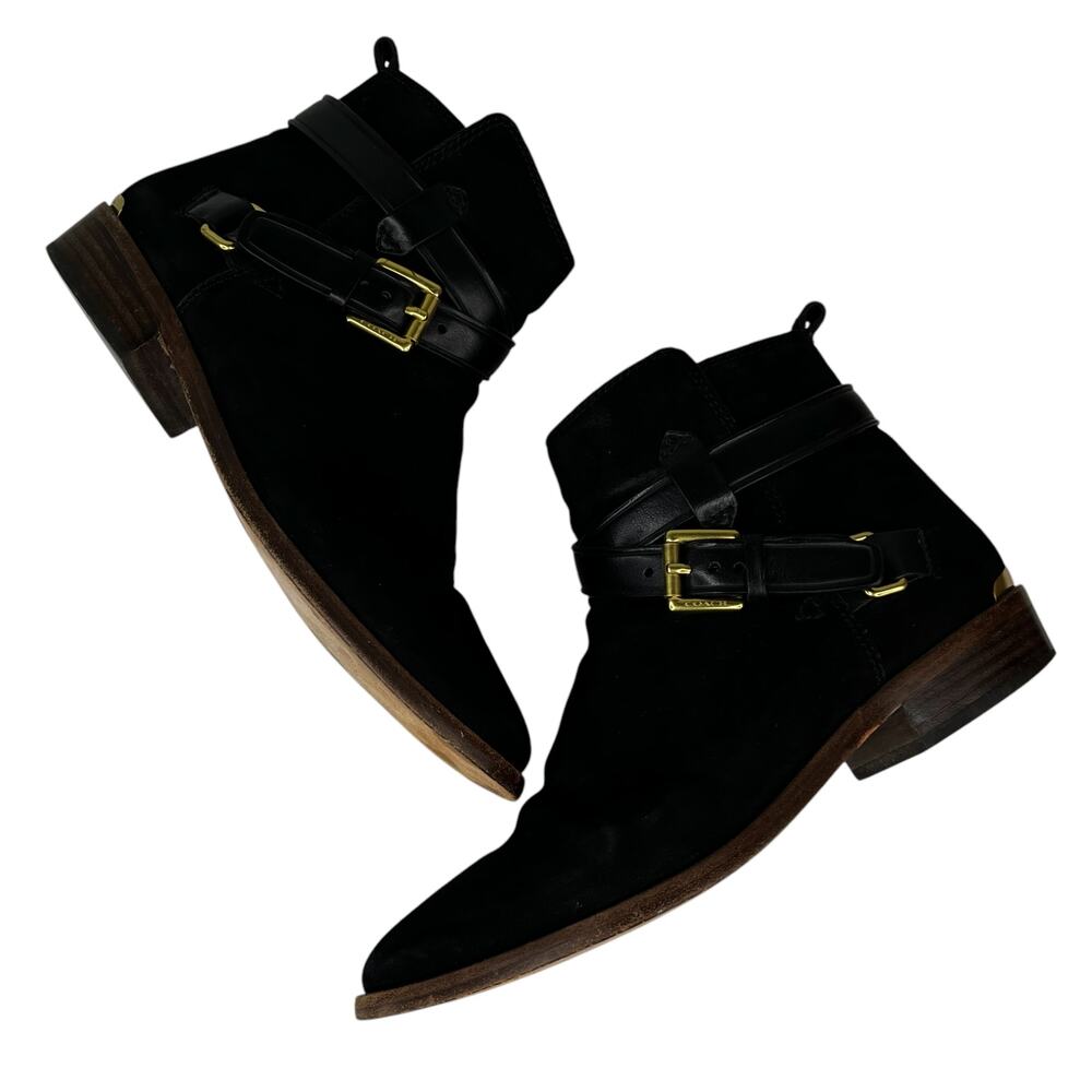 Coach Leoda Ankle Boots Black 7.5 Nubuck Gold - Picture 12 of 14